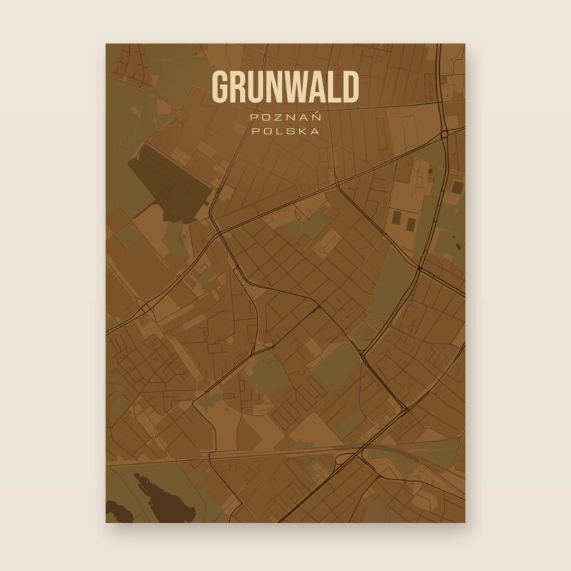 Plakat z mapą - Grunwald (Poznań), brązowy styl, bez ramy