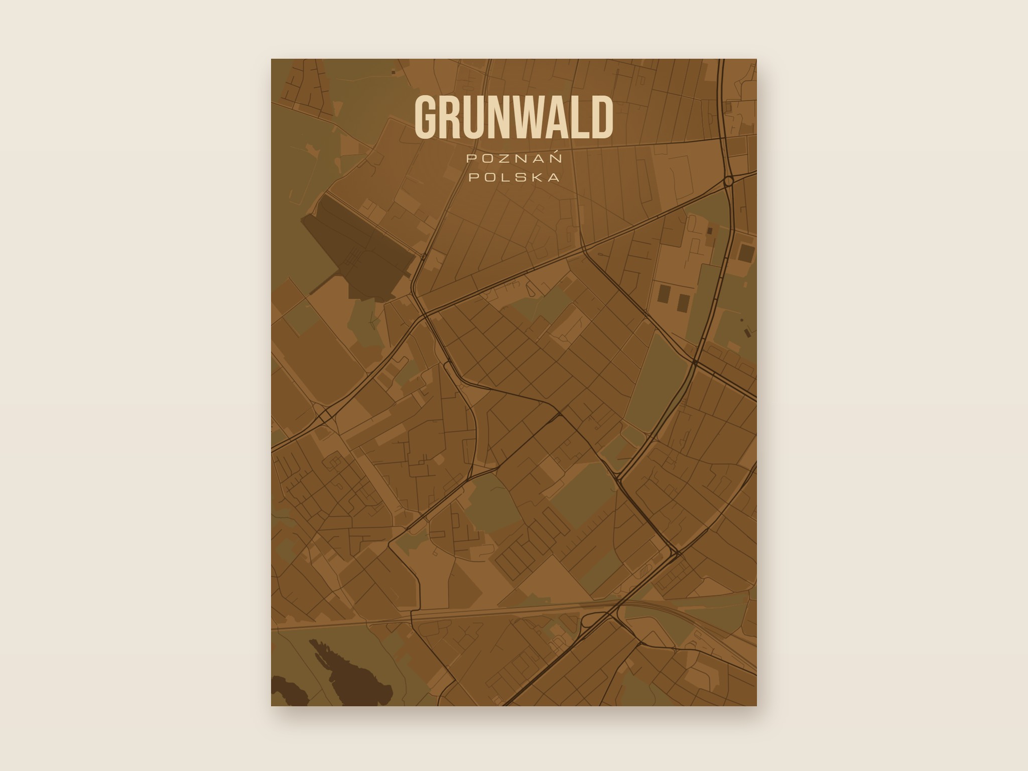 Plakat z mapą - Grunwald (Poznań), brązowy styl, bez ramy
