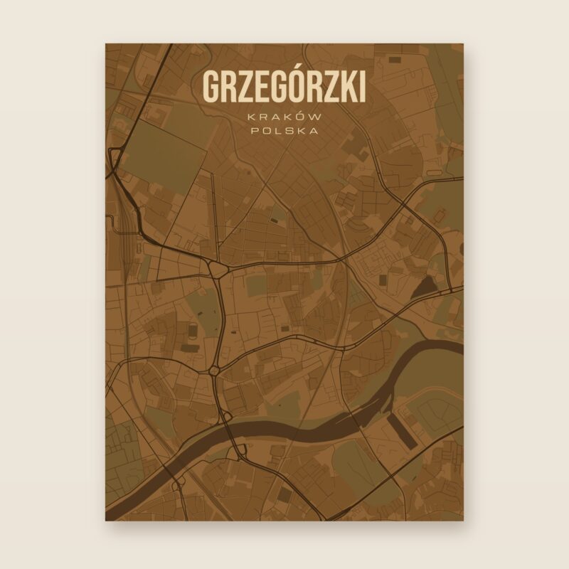 Plakat z mapą - Grzegórzki (Kraków), brązowy styl, bez ramy