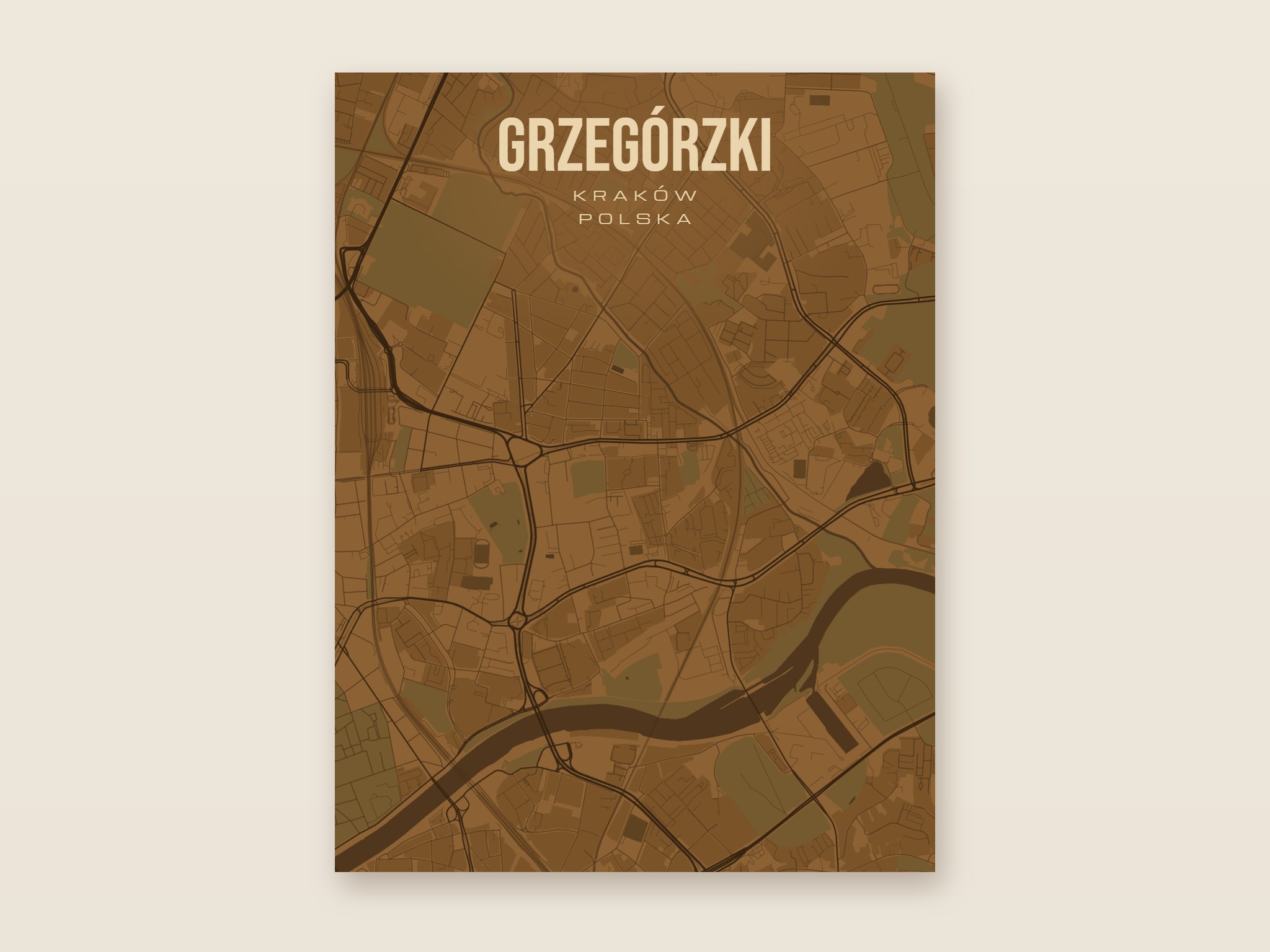 Plakat z mapą - Grzegórzki (Kraków), brązowy styl, bez ramy