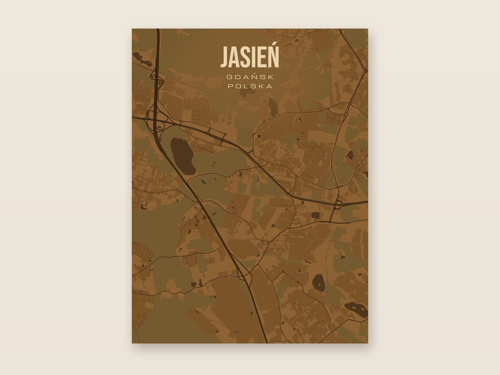 Plakat z mapą - Jasień (Gdańsk), brązowy styl, bez ramy