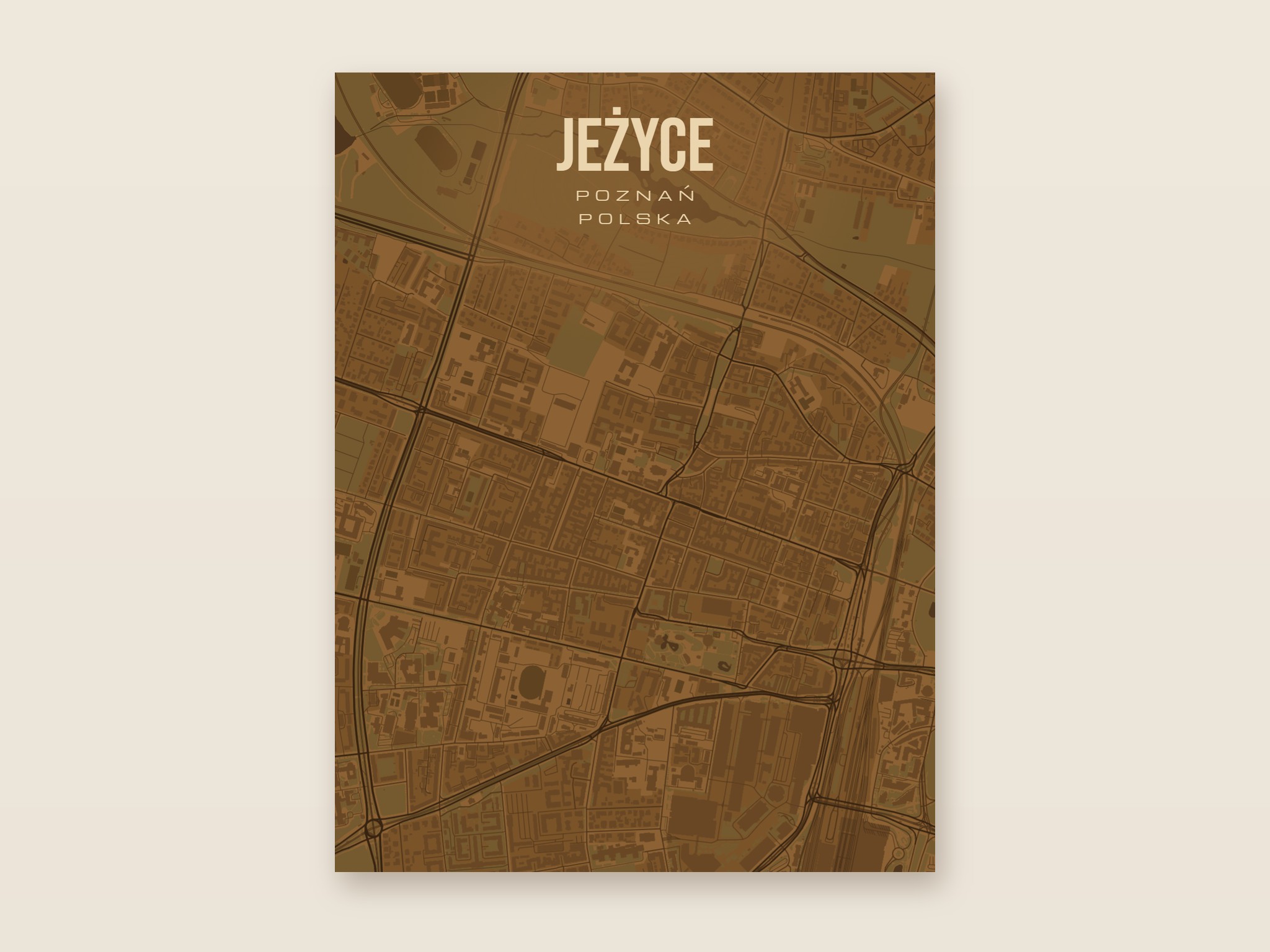 Plakat z mapą - Jeżyce (Poznań), brązowy styl, bez ramy