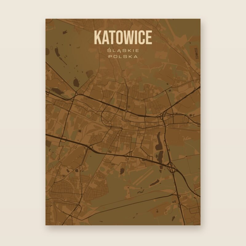 Plakat z mapą - Katowice, brązowy styl, bez ramy