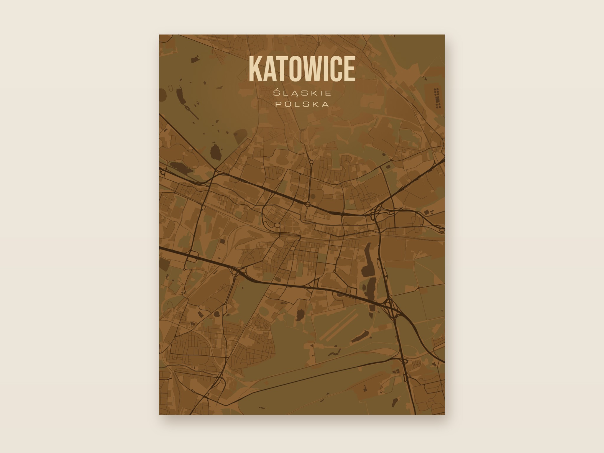 Plakat z mapą - Katowice, brązowy styl, bez ramy