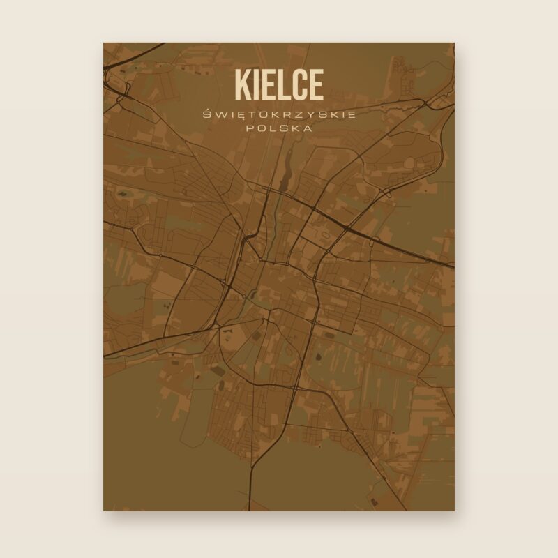Plakat z mapą - Kielce, brązowy styl, bez ramy