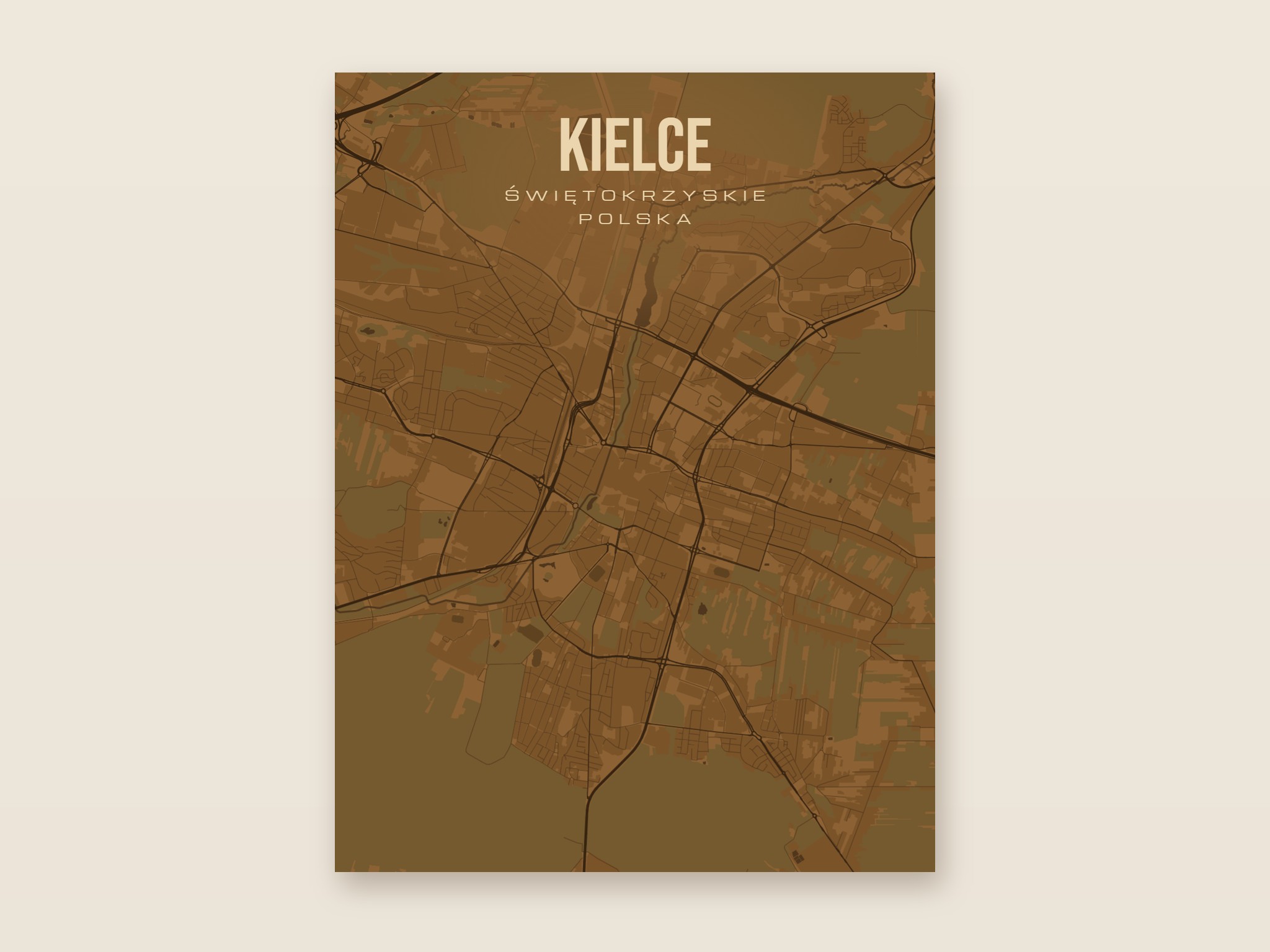 Plakat z mapą - Kielce, brązowy styl, bez ramy