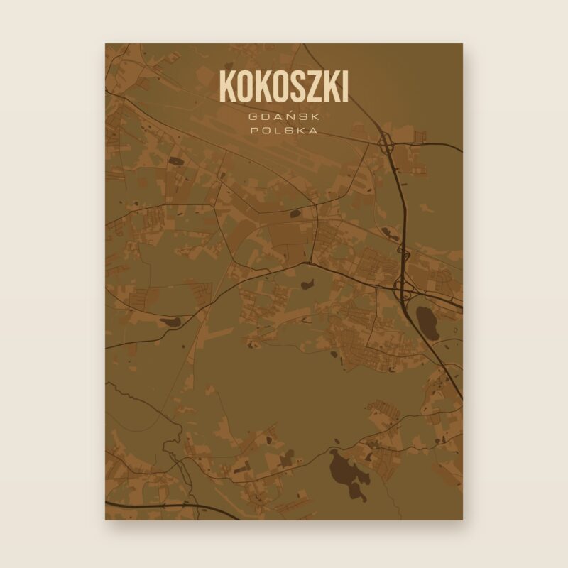 Plakat z mapą - Kokoszki (Gdańsk), brązowy styl, bez ramy
