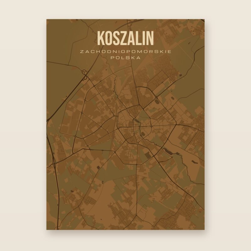 Plakat z mapą - Koszalin, brązowy styl, bez ramy