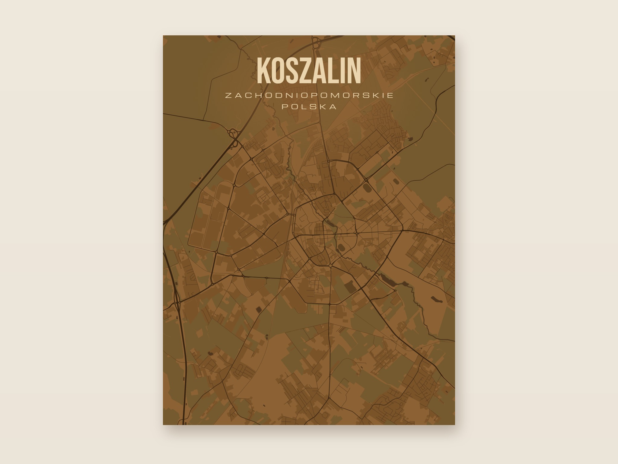 Plakat z mapą - Koszalin, brązowy styl, bez ramy