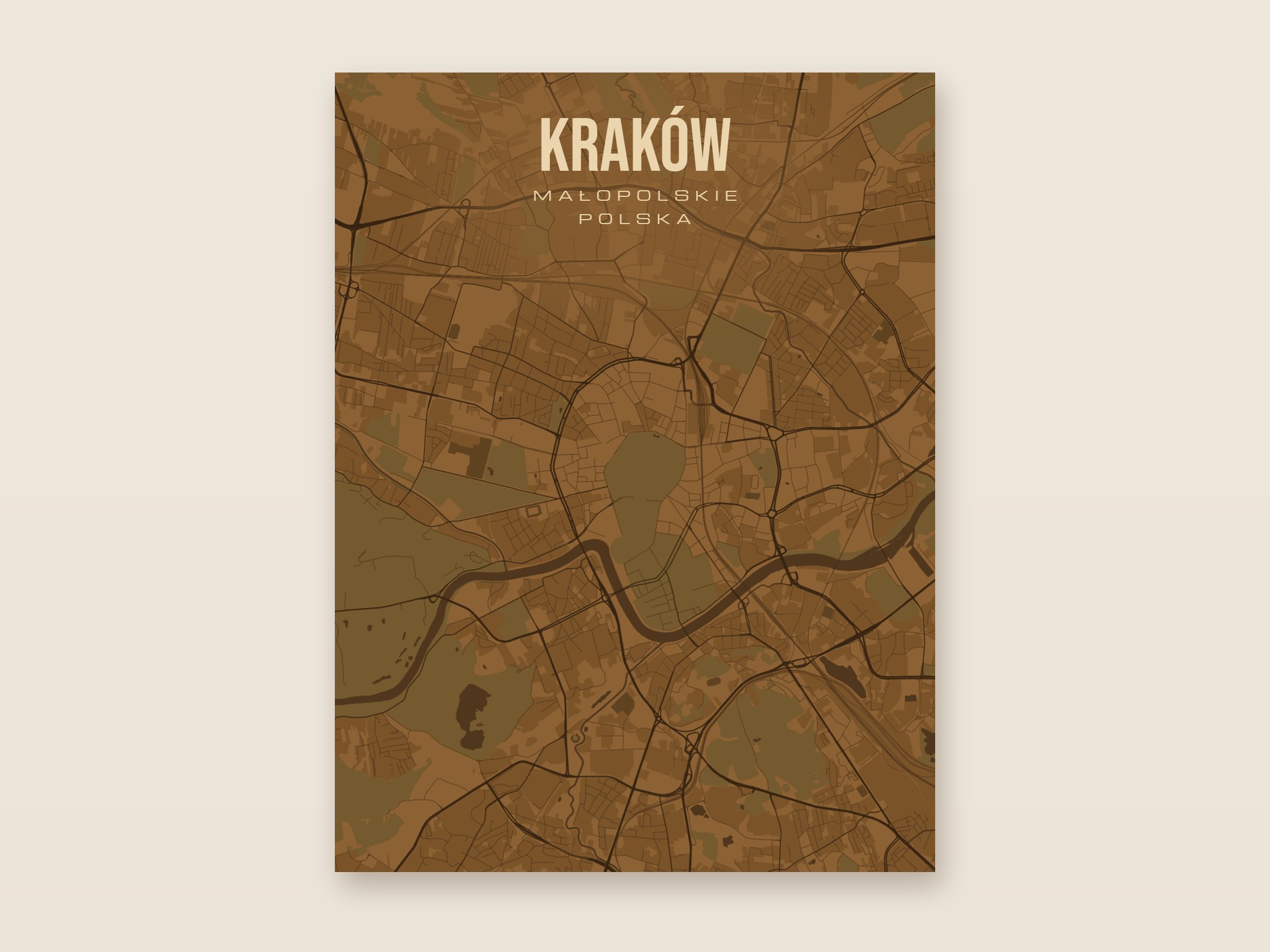 Plakat z mapą - Kraków, brązowy styl, bez ramy