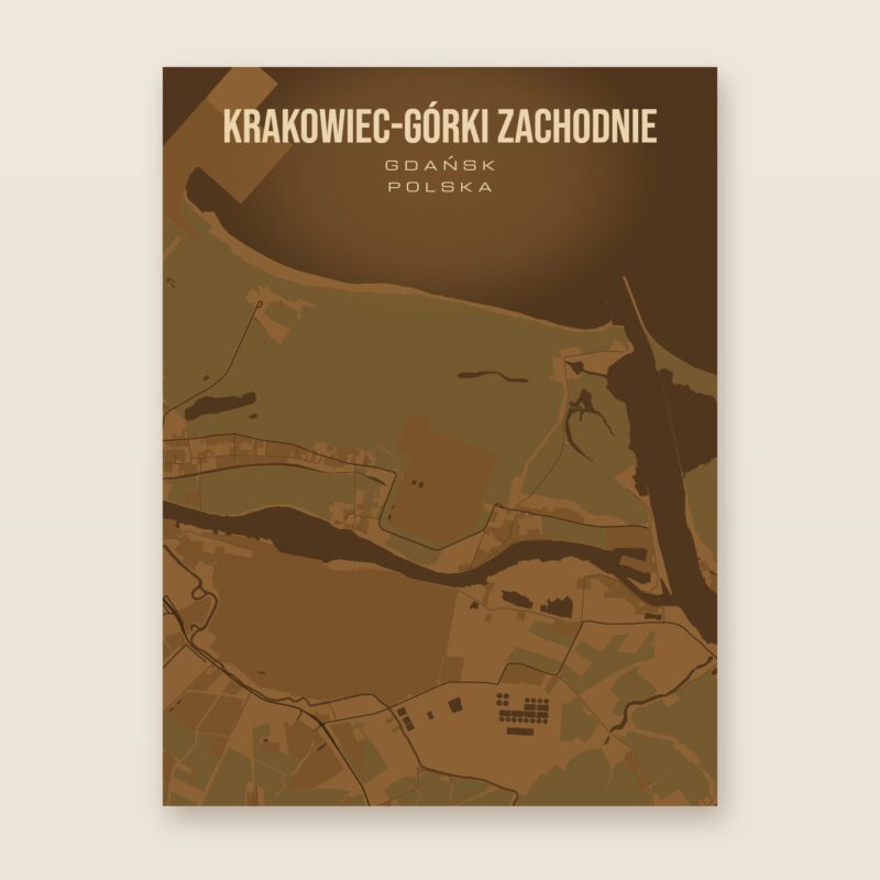 Plakat z mapą - Krakowiec-Górki Zachodnie (Gdańsk), brązowy styl, bez ramy
