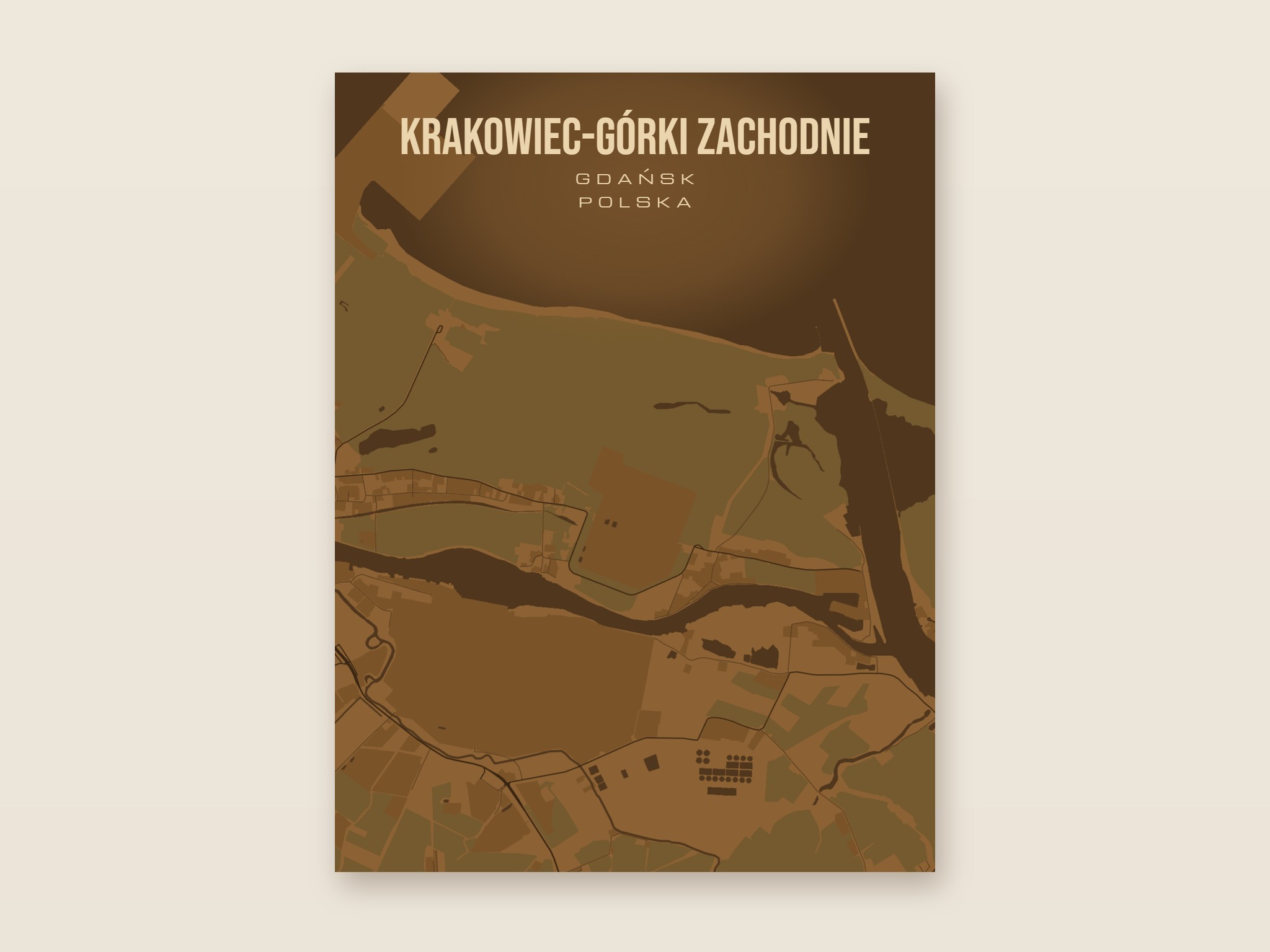 Plakat z mapą - Krakowiec-Górki Zachodnie (Gdańsk), brązowy styl, bez ramy