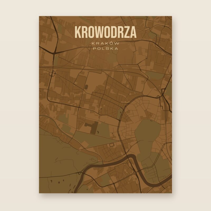 Plakat z mapą - Krowodrza (Kraków), brązowy styl, bez ramy