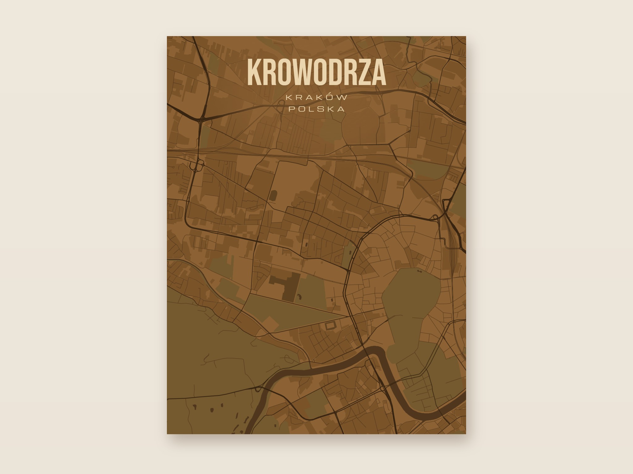 Plakat z mapą - Krowodrza (Kraków), brązowy styl, bez ramy