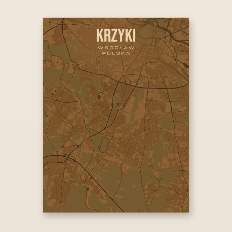Plakat z mapą - Krzyki (Wrocław), brązowy styl, bez ramy