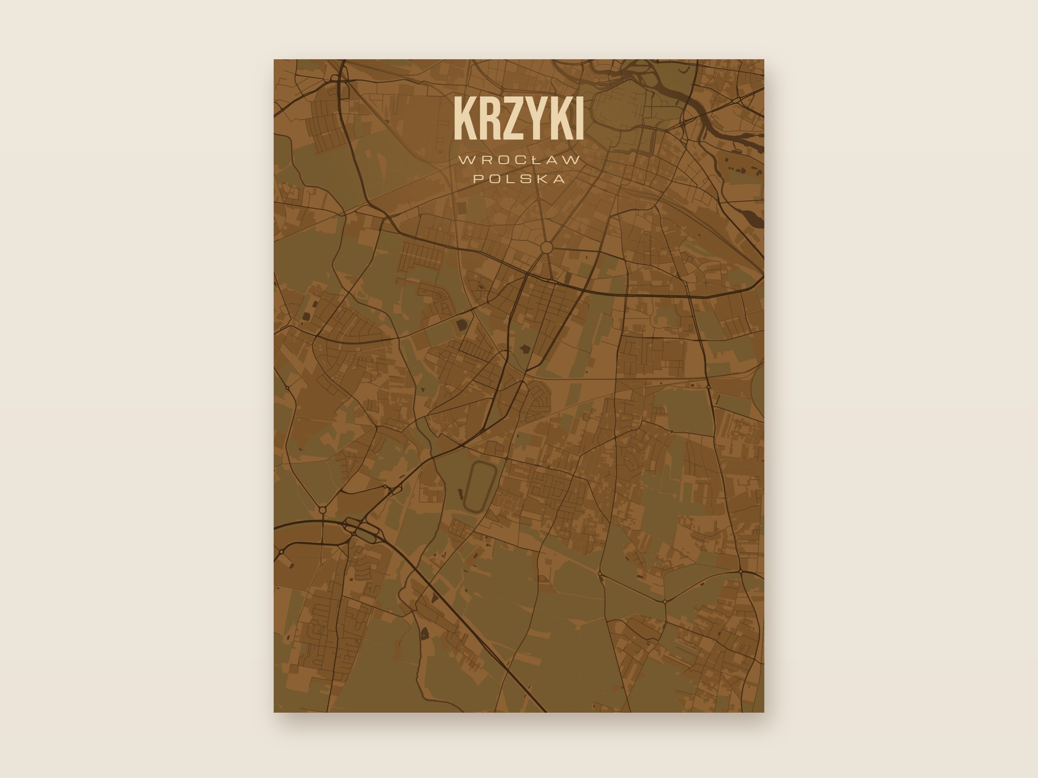 Plakat z mapą - Krzyki (Wrocław), brązowy styl, bez ramy