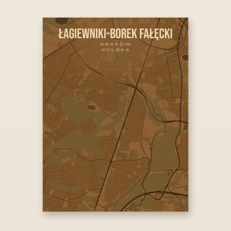 Plakat z mapą - Łagiewniki-Borek Fałęcki (Kraków), brązowy styl, bez ramy