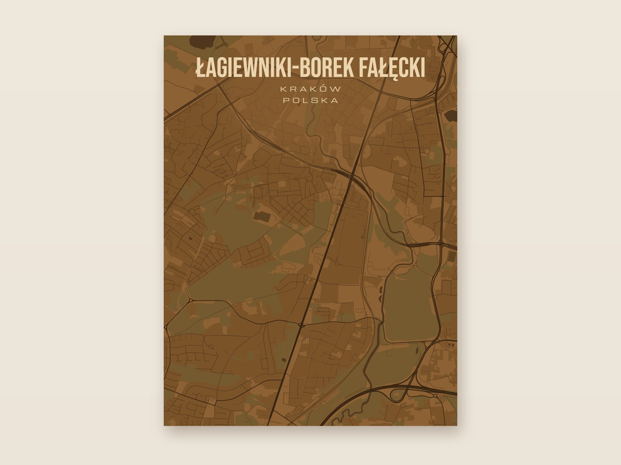 Plakat z mapą - Łagiewniki-Borek Fałęcki (Kraków), brązowy styl, bez ramy