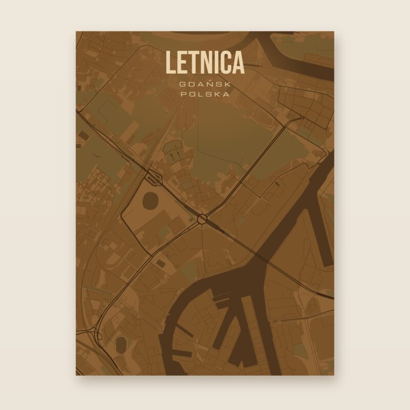 Plakat z mapą - Letnica (Gdańsk), brązowy styl, bez ramy