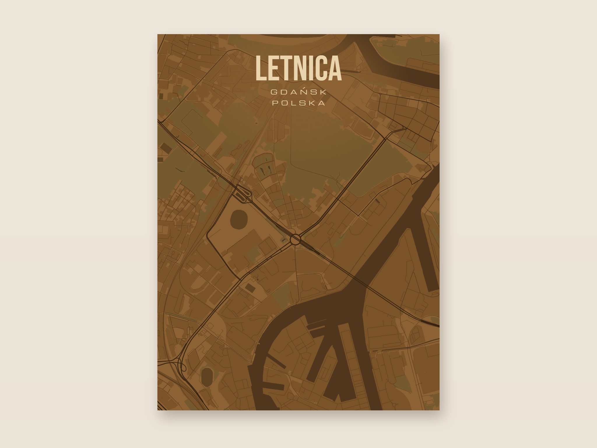 Plakat z mapą - Letnica (Gdańsk), brązowy styl, bez ramy