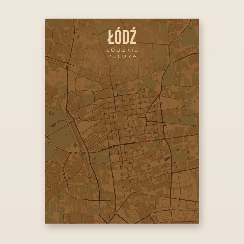 Plakat z mapą - Łódź, brązowy styl, bez ramy