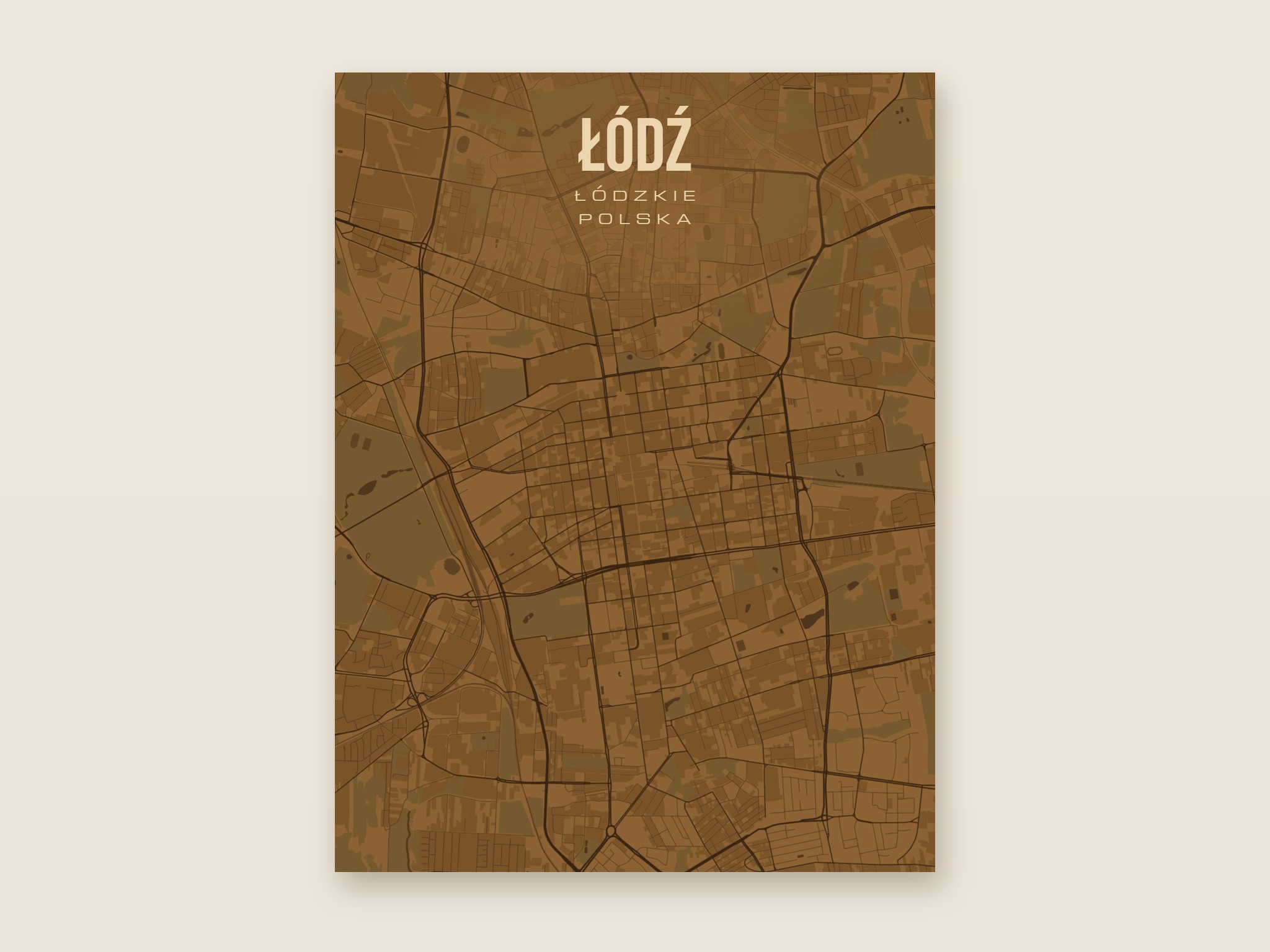 Plakat z mapą - Łódź, brązowy styl, bez ramy
