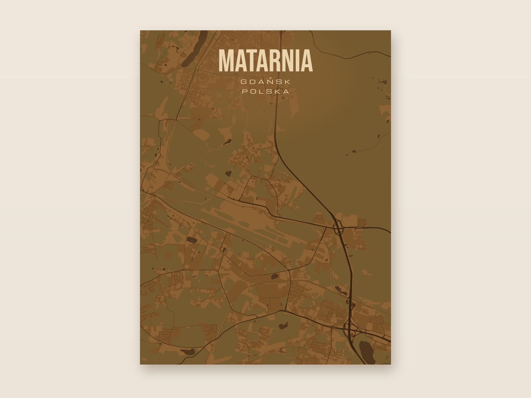 Plakat z mapą - Matarnia (Gdańsk), brązowy styl, bez ramy