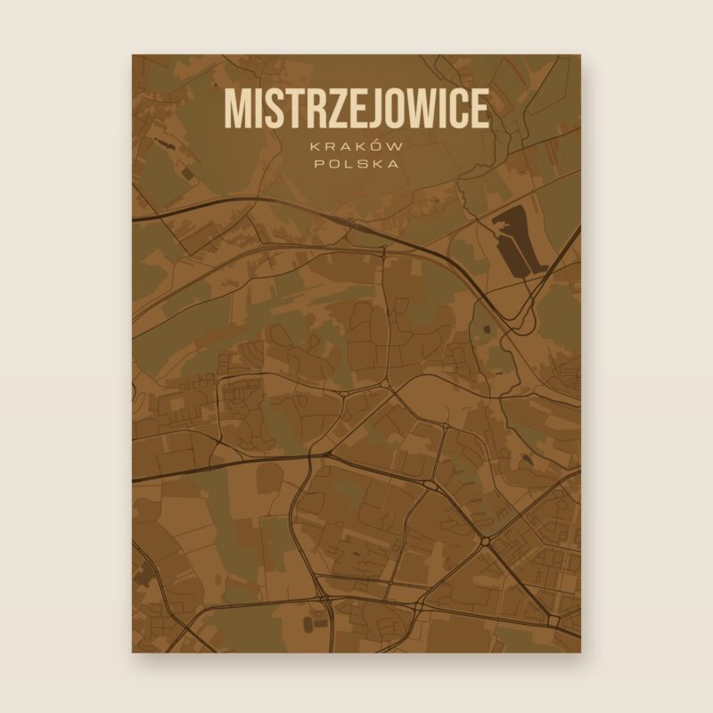 Plakat z mapą - Mistrzejowice (Kraków), brązowy styl, bez ramy