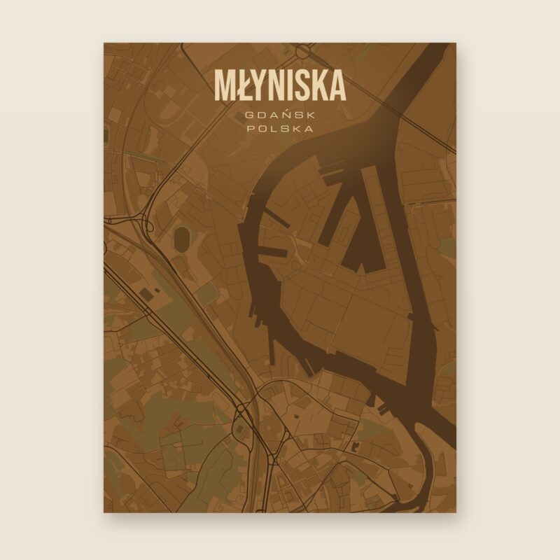 Plakat z mapą - Młyniska (Gdańsk), brązowy styl, bez ramy