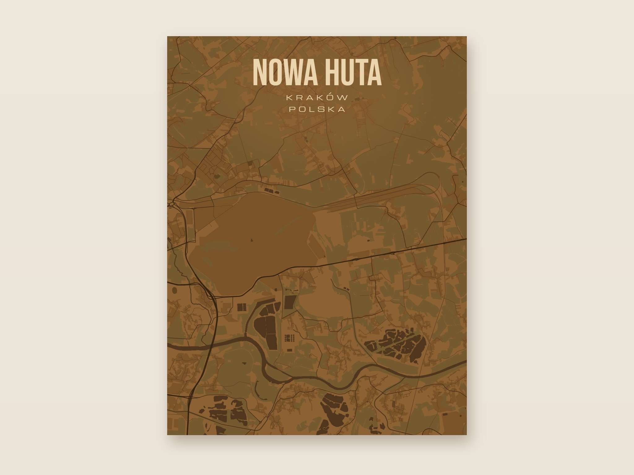 Plakat z mapą - Nowa Huta (Kraków), brązowy styl, bez ramy