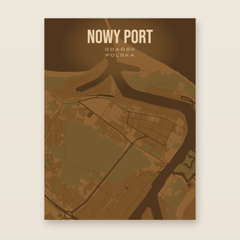 Plakat z mapą - Nowy Port (Gdańsk), brązowy styl, bez ramy