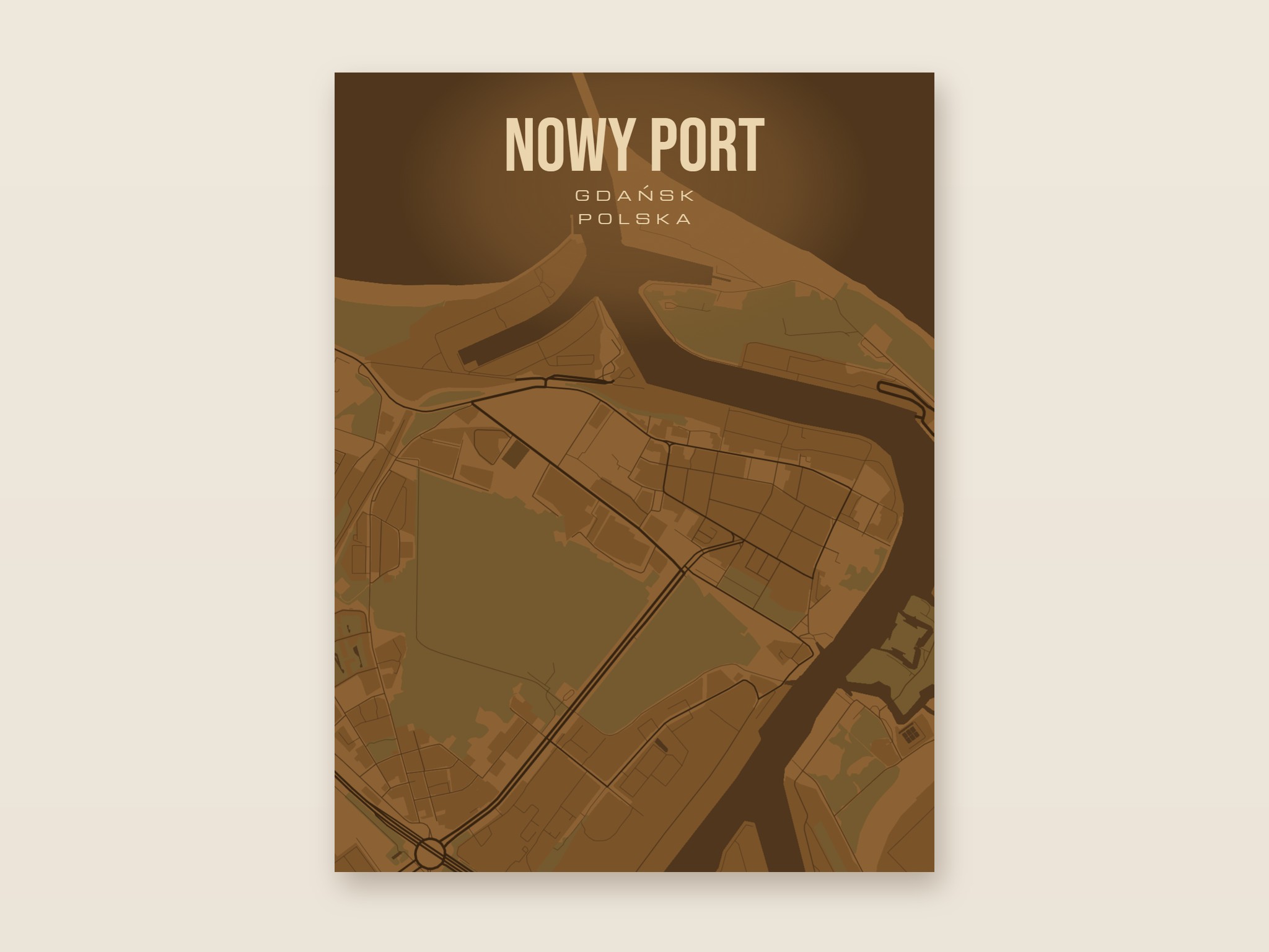 Plakat z mapą - Nowy Port (Gdańsk), brązowy styl, bez ramy