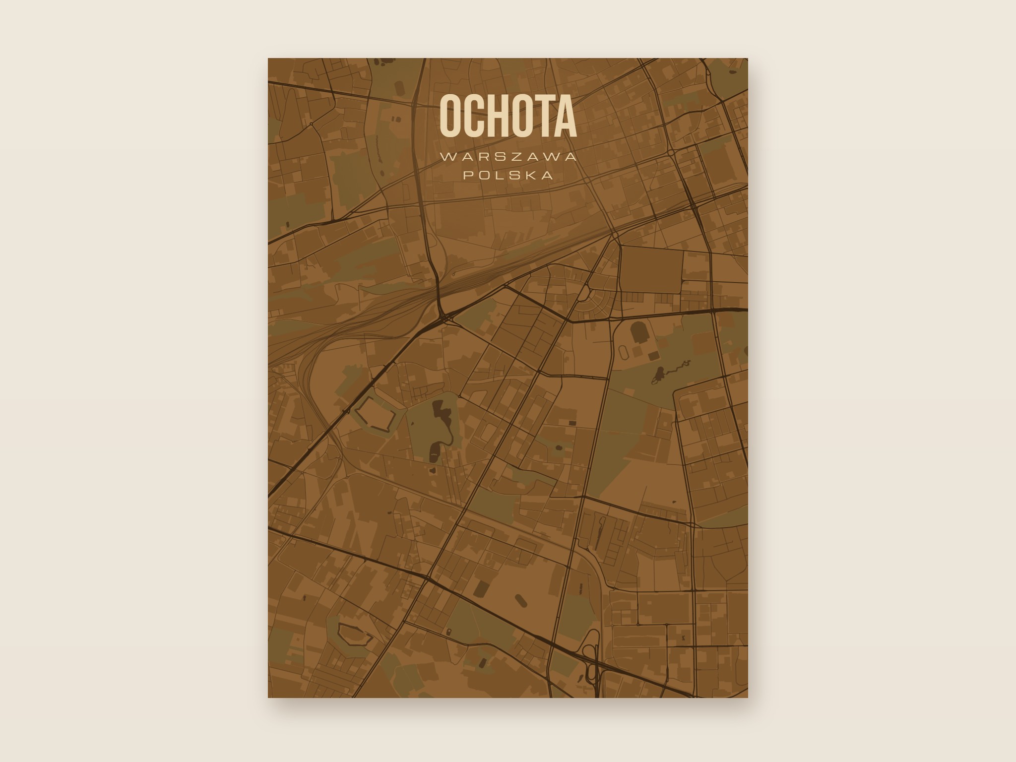 Plakat z mapą - Ochota (Warszawa), brązowy styl, bez ramy