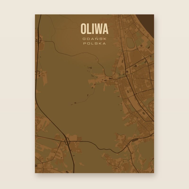 Plakat z mapą - Oliwa (Gdańsk), brązowy styl, bez ramy