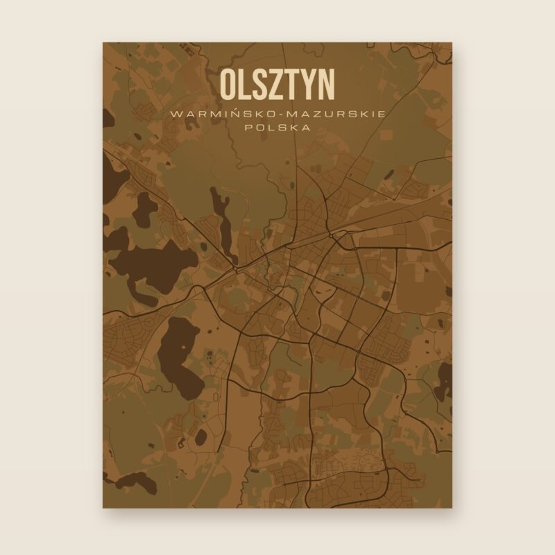 Plakat z mapą - Olsztyn, brązowy styl, bez ramy
