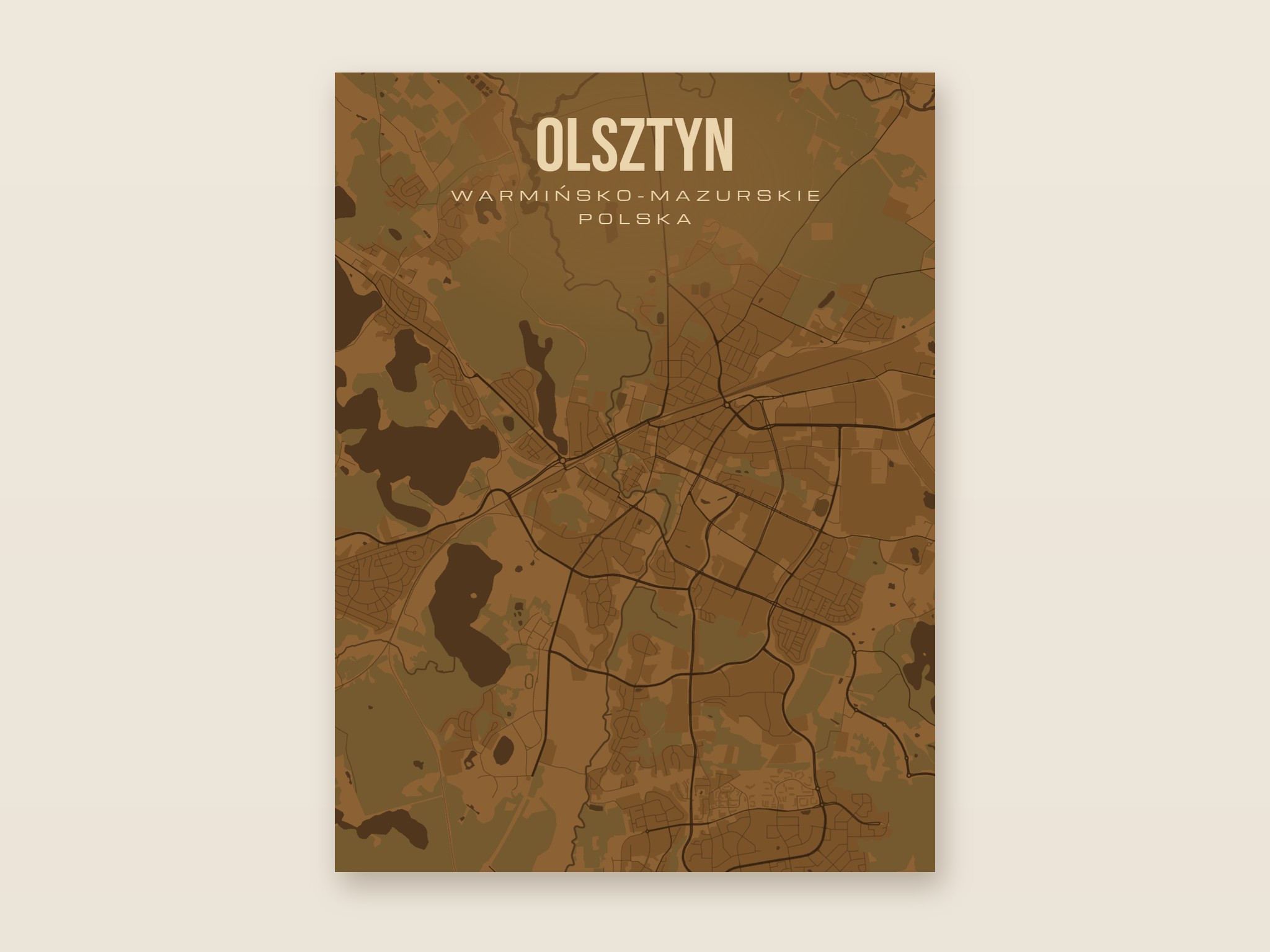 Plakat z mapą - Olsztyn, brązowy styl, bez ramy