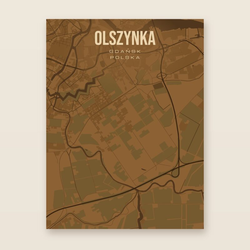 Plakat z mapą - Olszynka (Gdańsk), brązowy styl, bez ramy