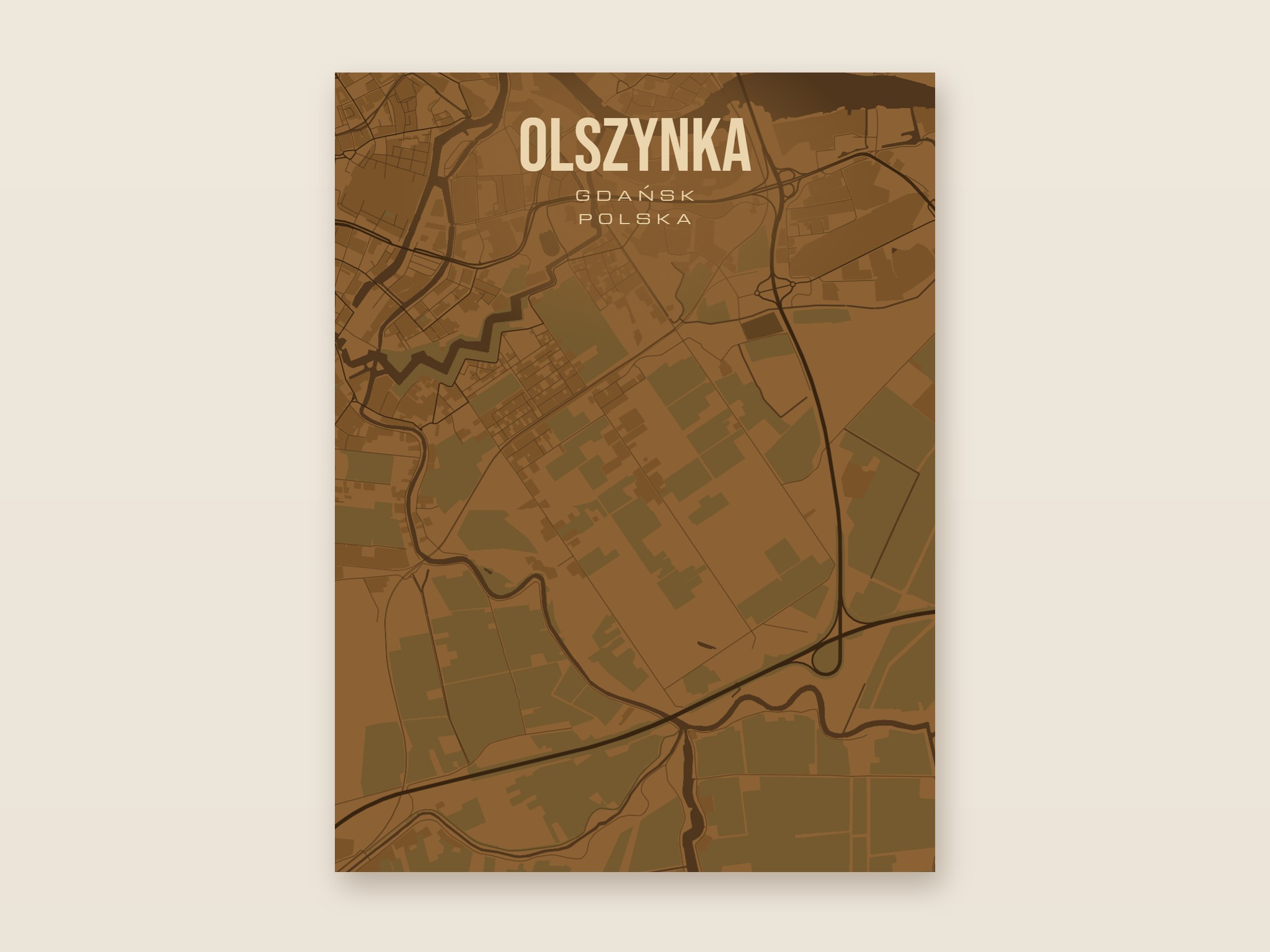 Plakat z mapą - Olszynka (Gdańsk), brązowy styl, bez ramy