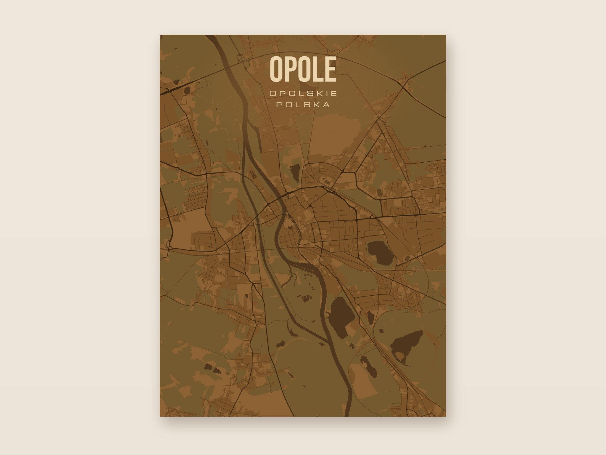 Plakat z mapą - Opole, brązowy styl, bez ramy