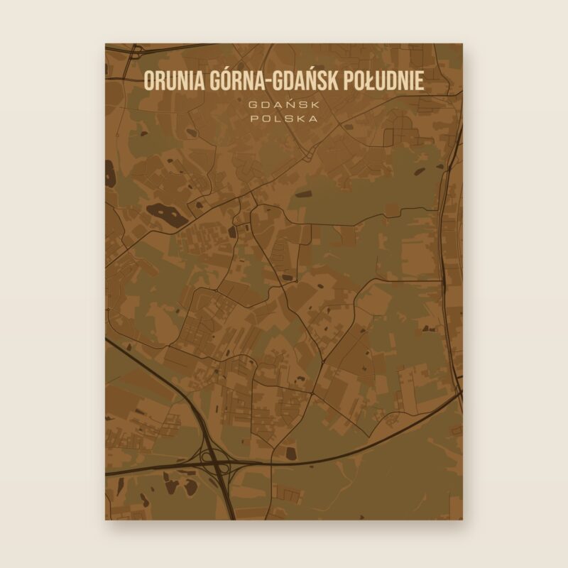 Plakat z mapą - Orunia Górna-Gdańsk Południe (Gdańsk), brązowy styl, bez ramy