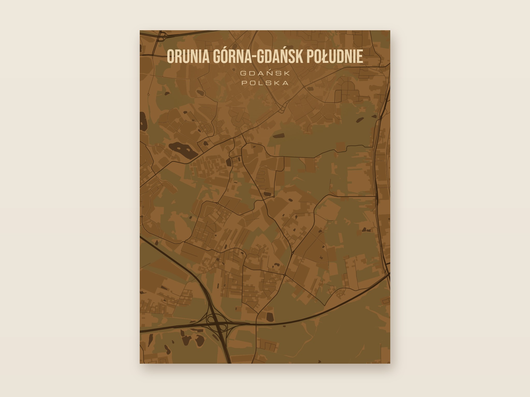 Plakat z mapą - Orunia Górna-Gdańsk Południe (Gdańsk), brązowy styl, bez ramy