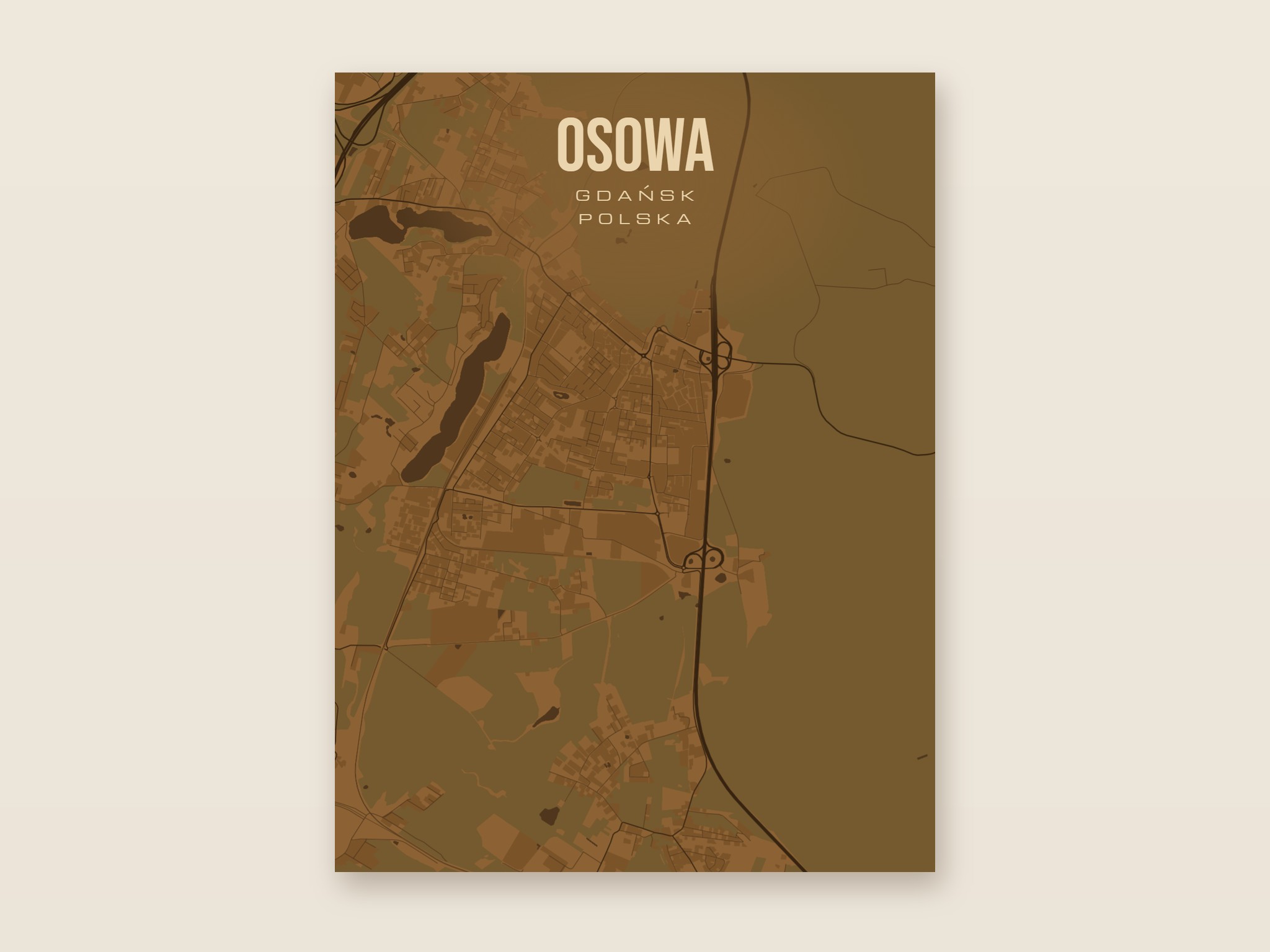 Plakat z mapą - Osowa (Gdańsk), brązowy styl, bez ramy