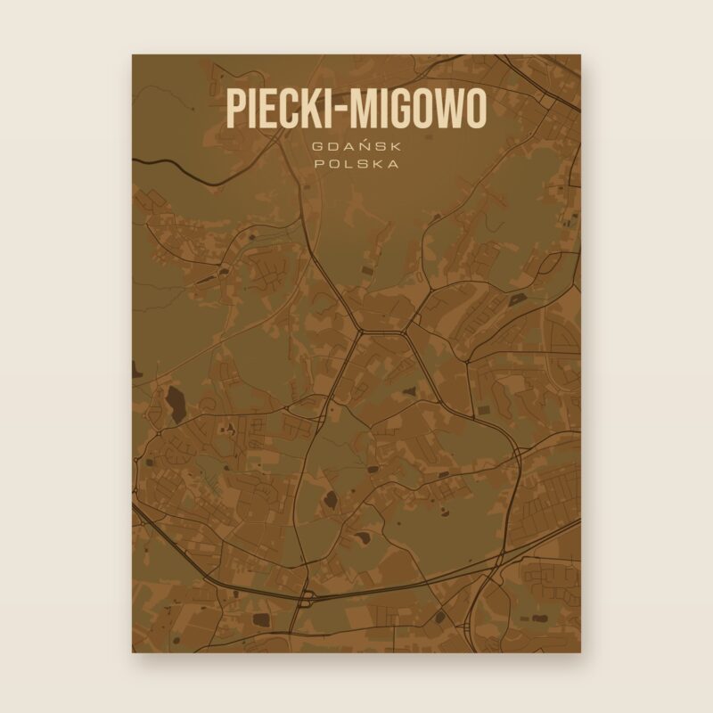 Plakat z mapą - Piecki-Migowo (Gdańsk), brązowy styl, bez ramy