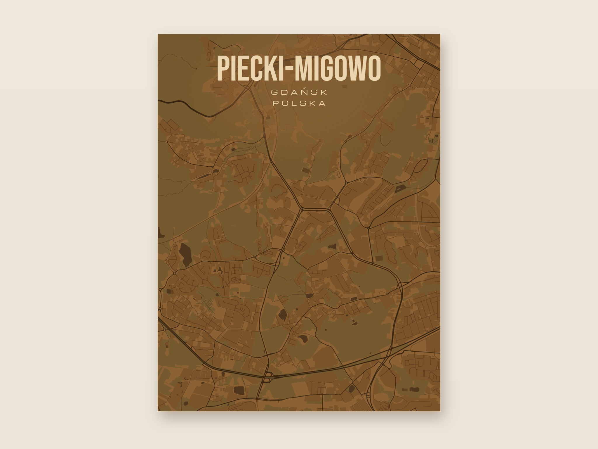 Plakat z mapą - Piecki-Migowo (Gdańsk), brązowy styl, bez ramy