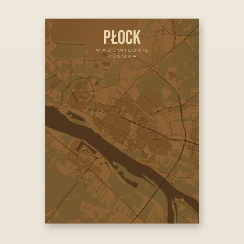 Plakat z mapą - Płock, brązowy styl, bez ramy