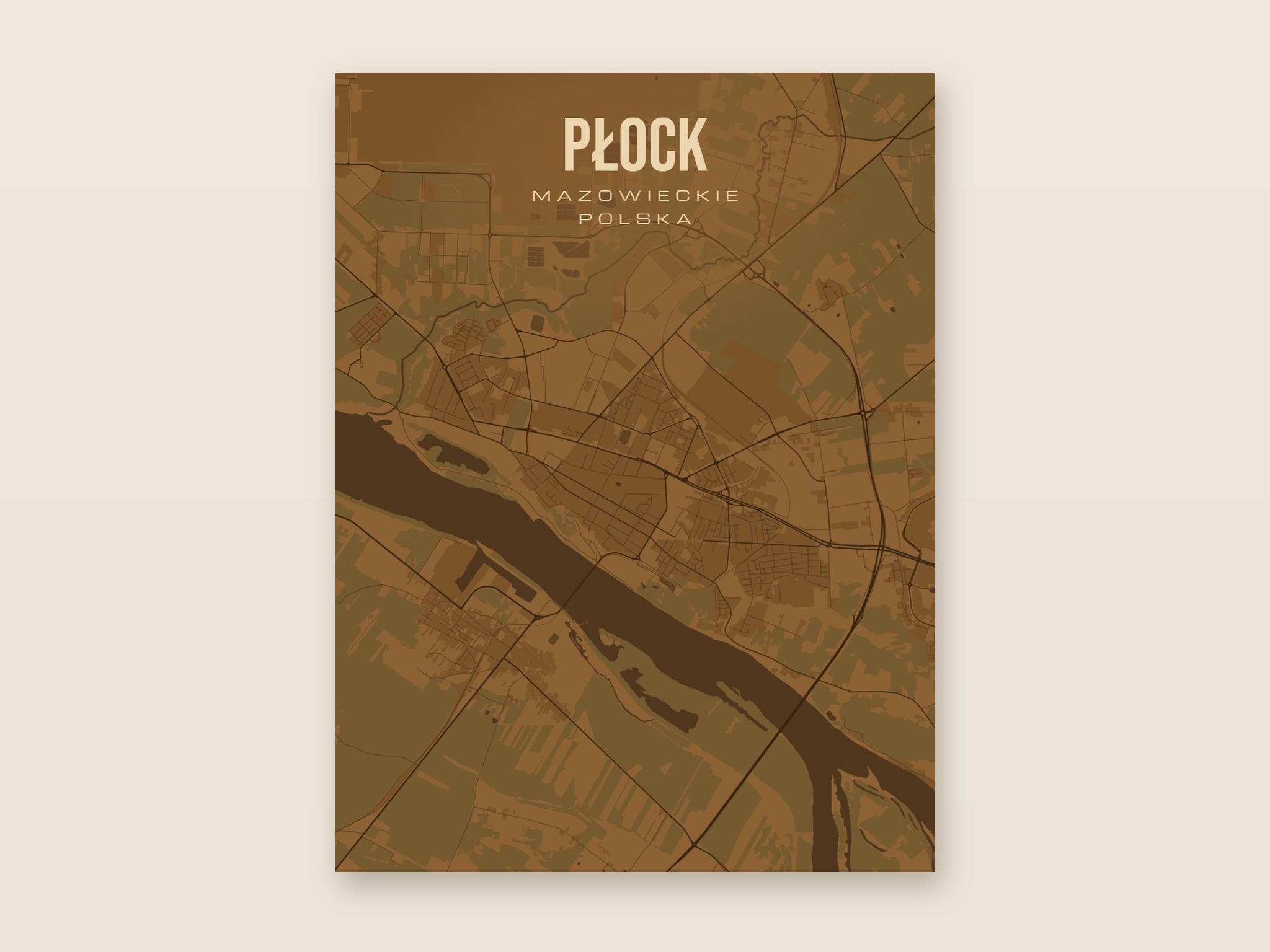 Plakat z mapą - Płock, brązowy styl, bez ramy