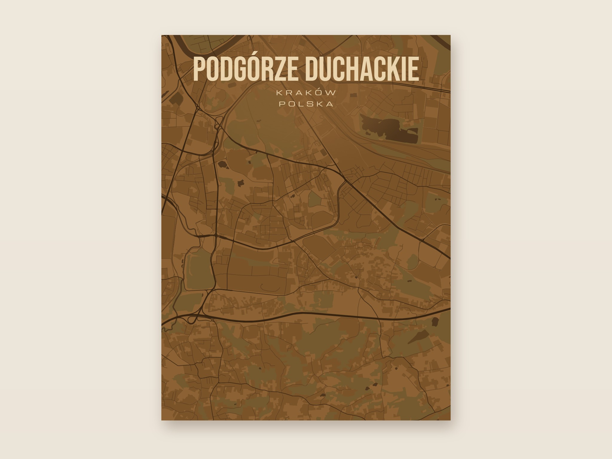 Plakat z mapą - Podgórze Duchackie (Kraków), brązowy styl, bez ramy