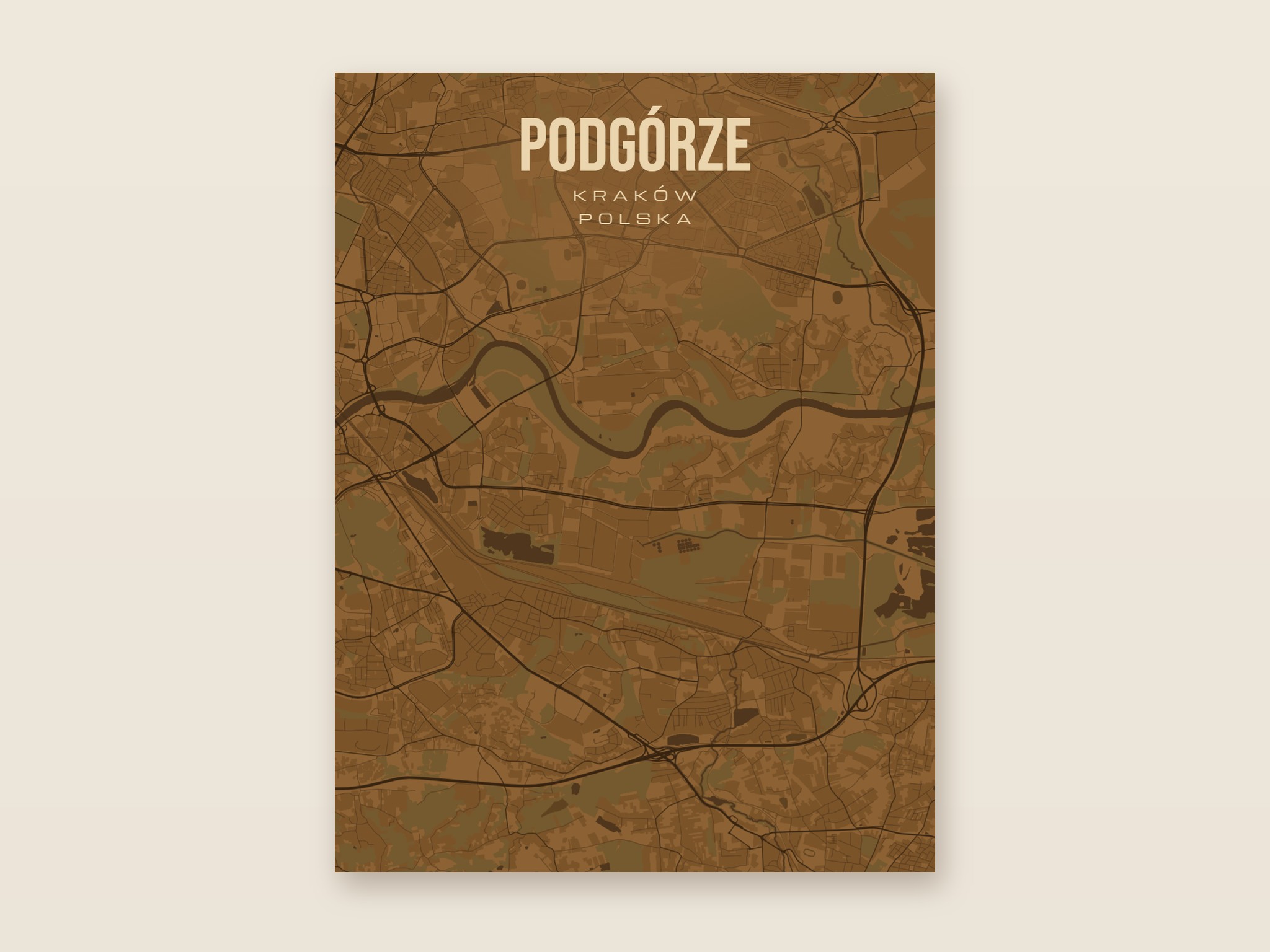 Plakat z mapą - Podgórze (Kraków), brązowy styl, bez ramy