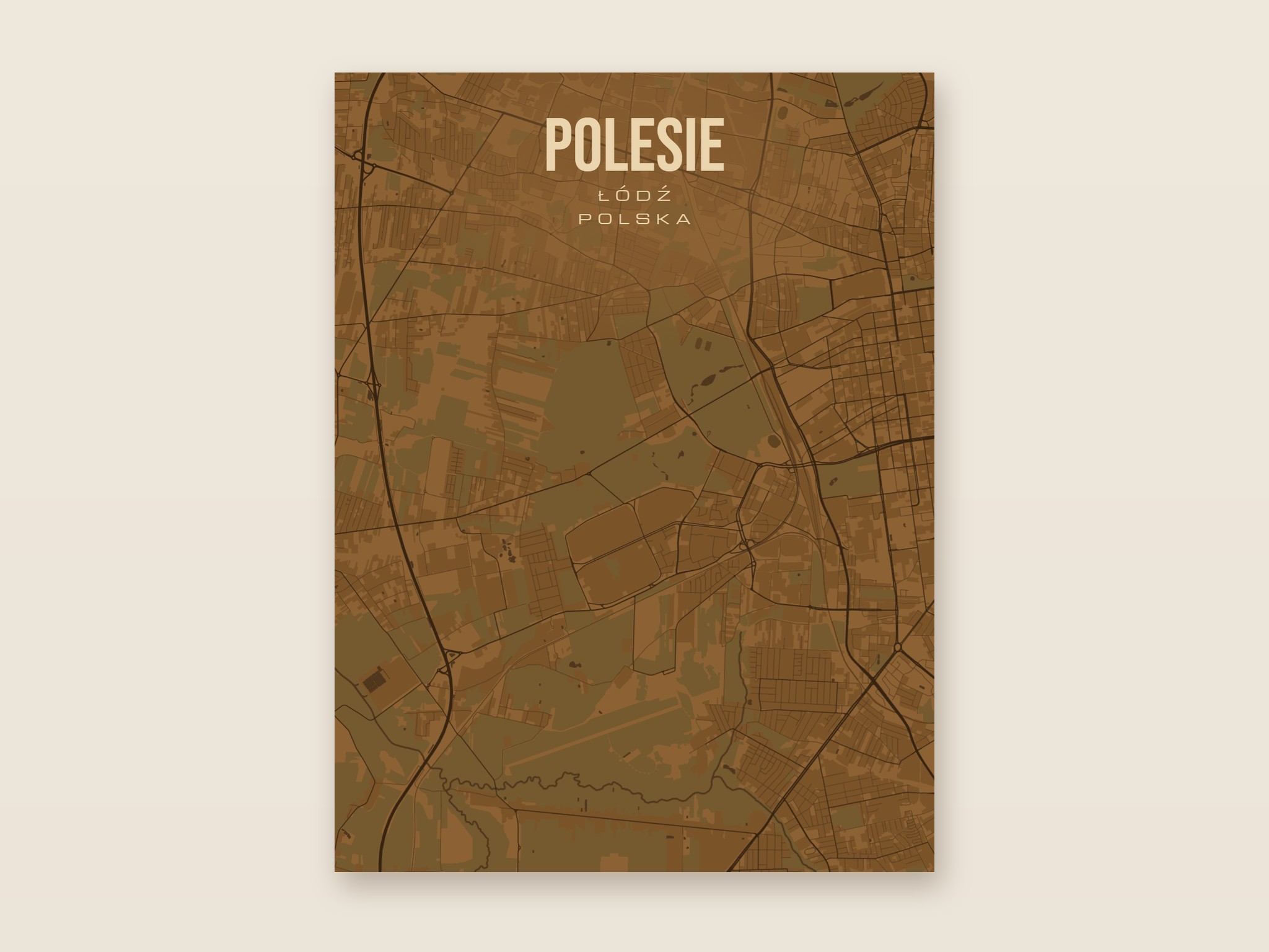 Plakat z mapą - Polesie (Łódź), brązowy styl, bez ramy