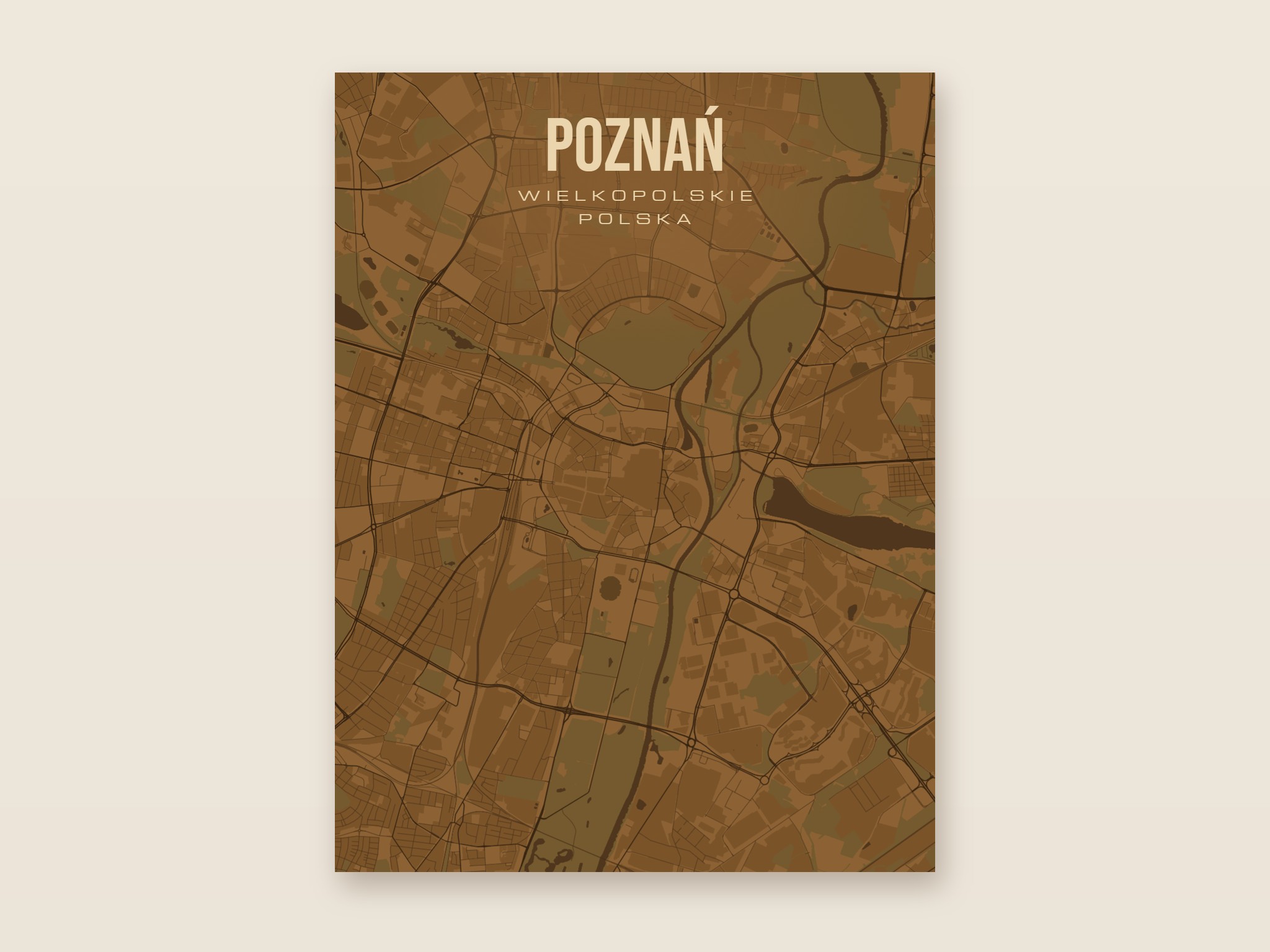 Plakat z mapą - Poznań, brązowy styl, bez ramy